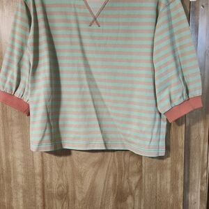 JODIFL Mint and Coral Striped Short Sleeve Tee with Ribbed Cuffs